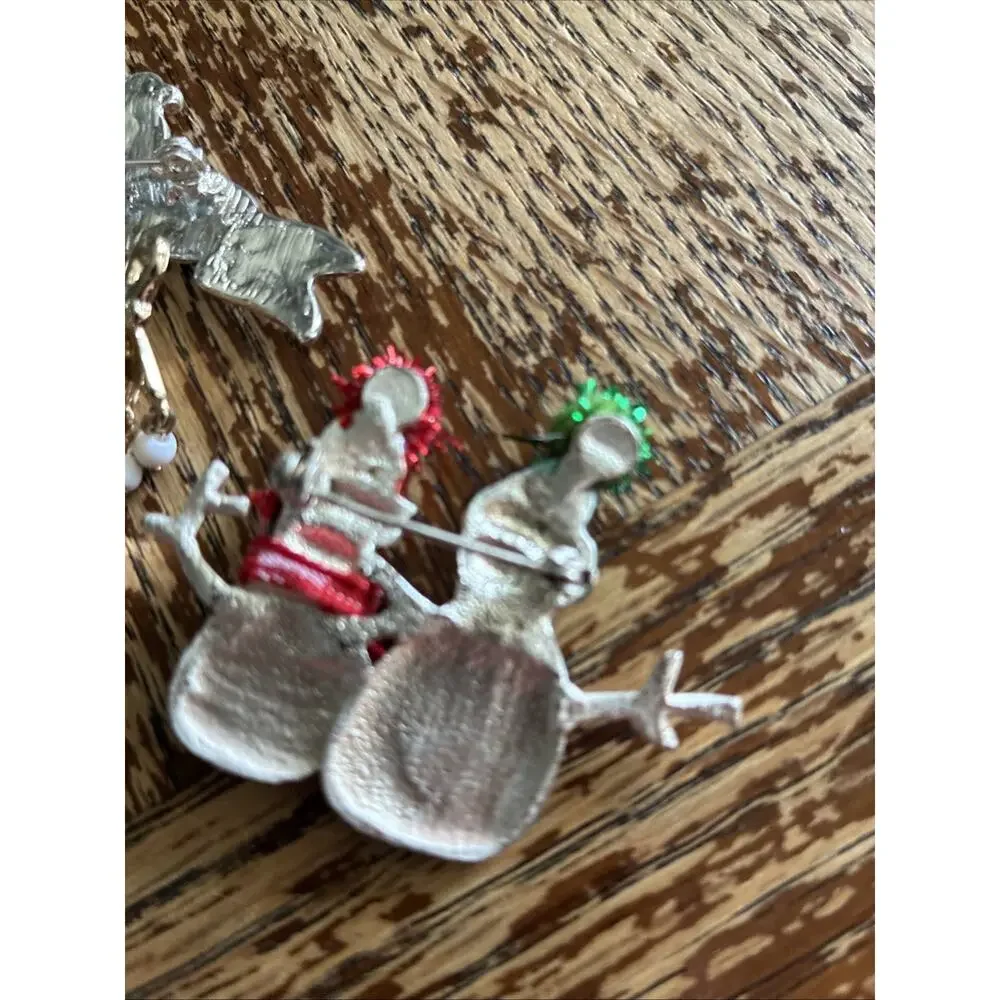 Lot of 3 Christmas House Snowman Stocking Penguins Vintage Gold Pin Brooch